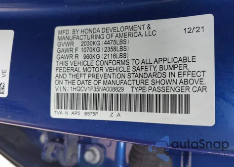 2022 Honda Accord Sport from USA, damaged, VIN 1HGCV1F35NA008829